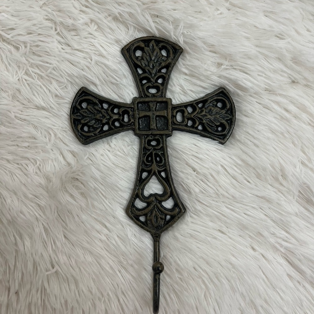 Cast Iron Decorative Wall Cross with Hook - Antique Bronze Tone